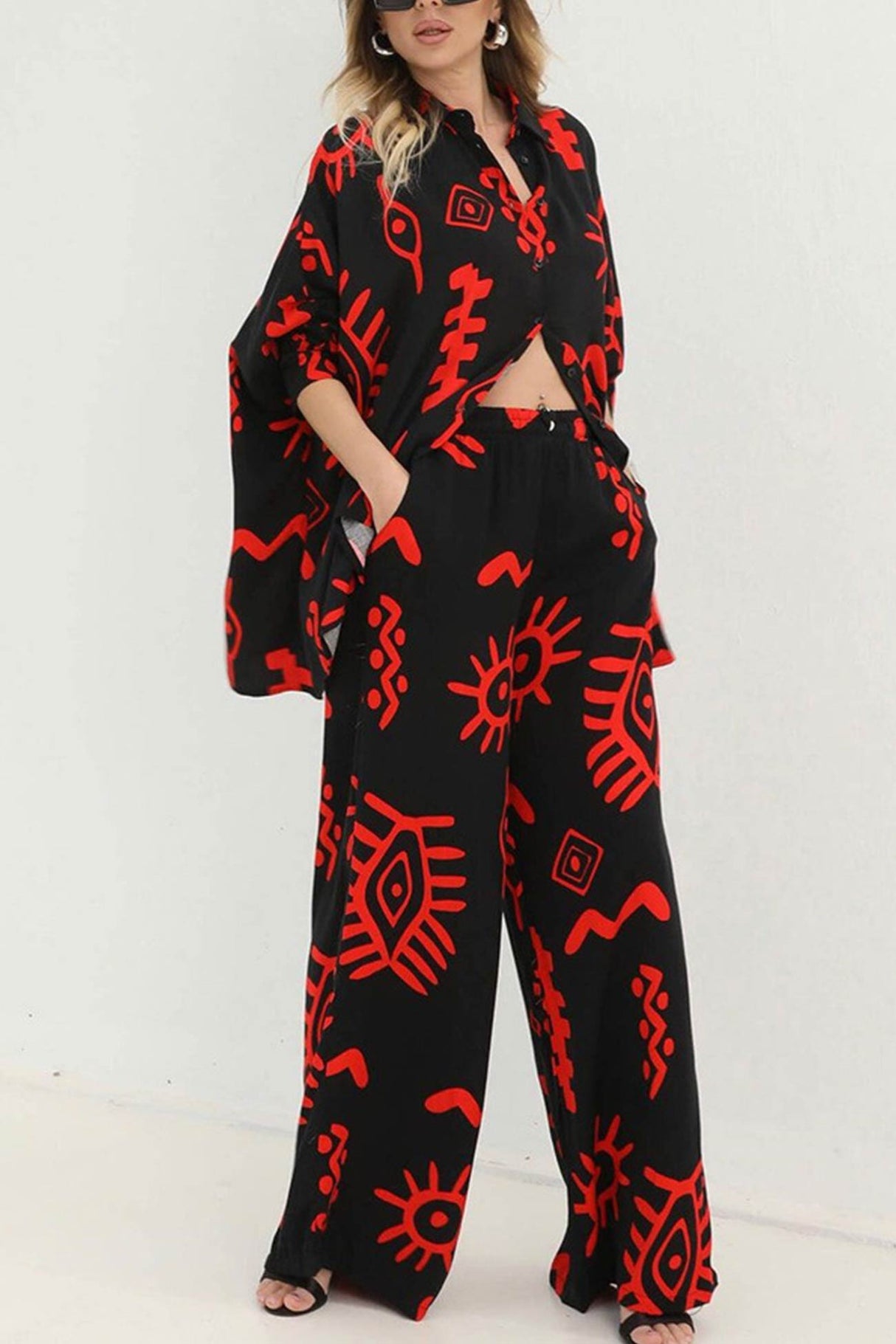 Arolora printed-bat-sleeve-loose-shirt-suits