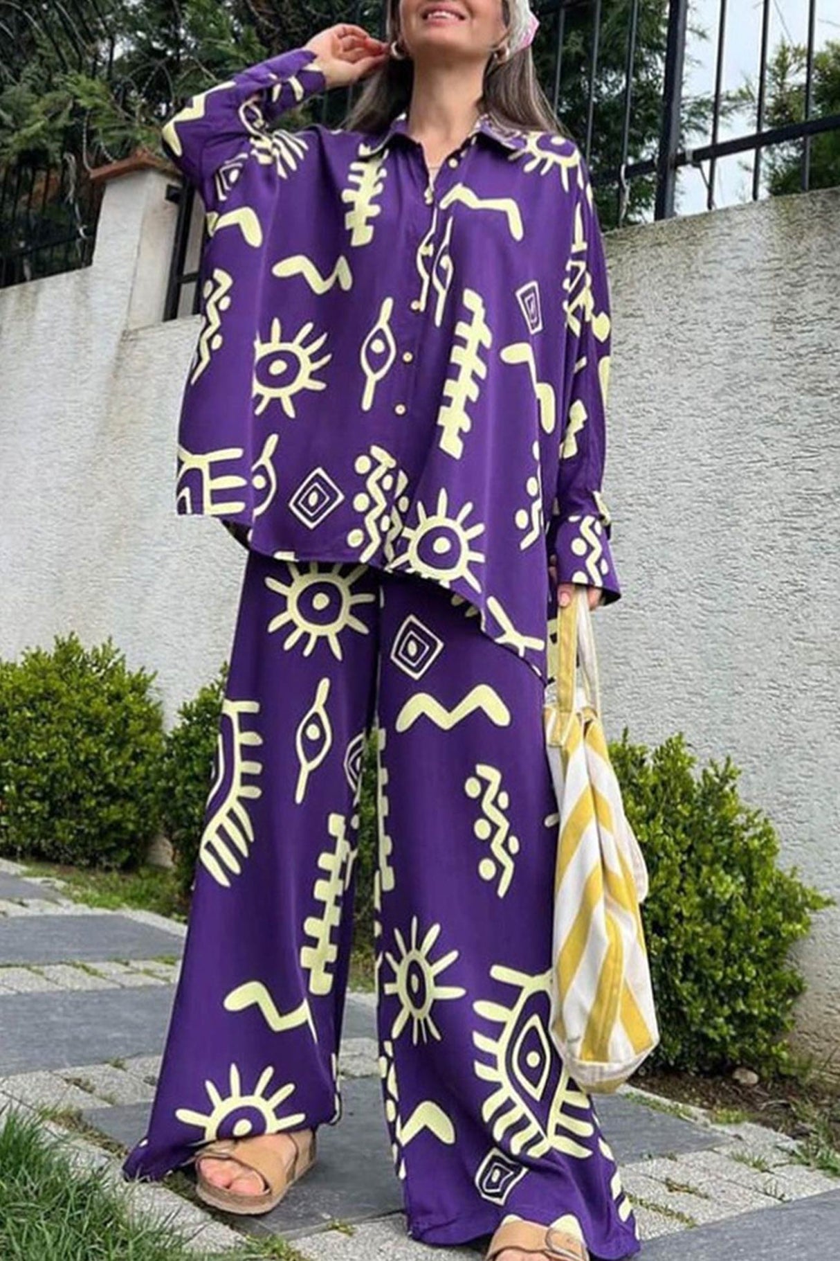 Arolora printed-bat-sleeve-loose-shirt-suits