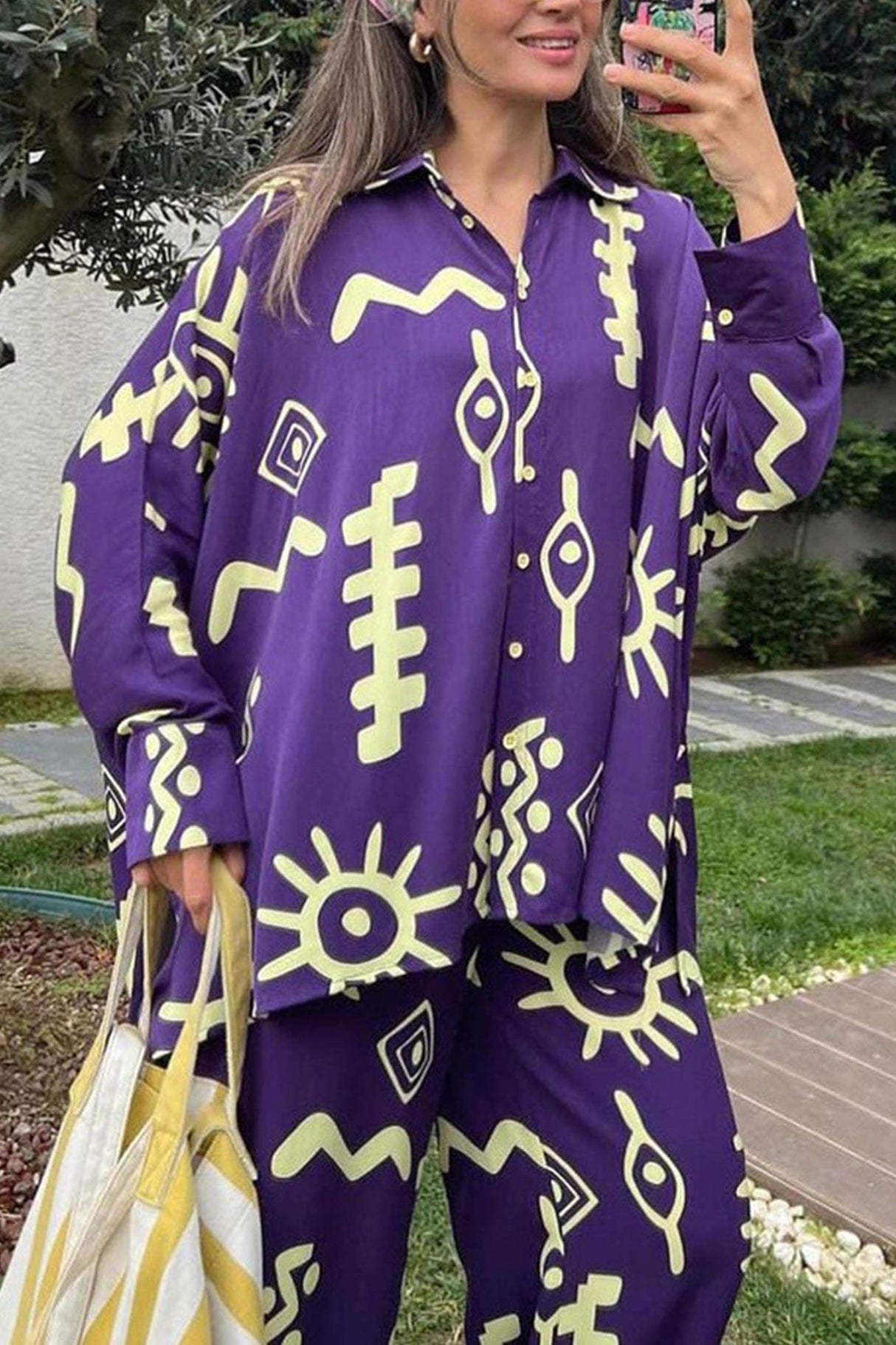 Arolora printed-bat-sleeve-loose-shirt-suits