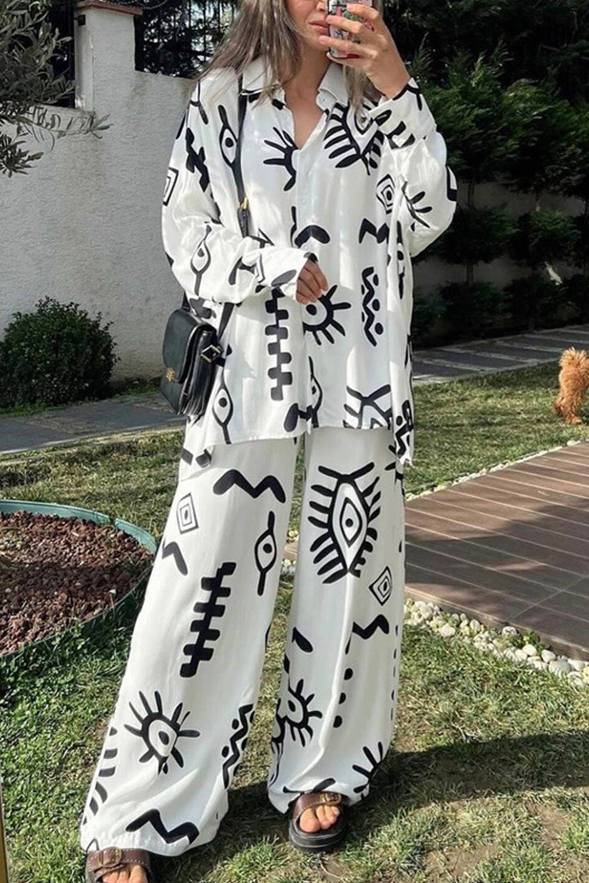 Arolora printed-bat-sleeve-loose-shirt-suits