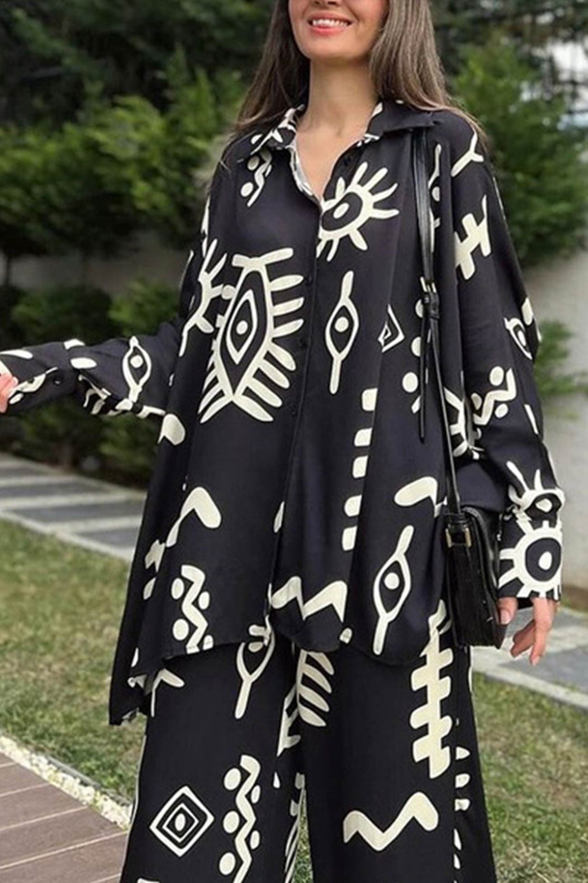 Arolora printed-bat-sleeve-loose-shirt-suits