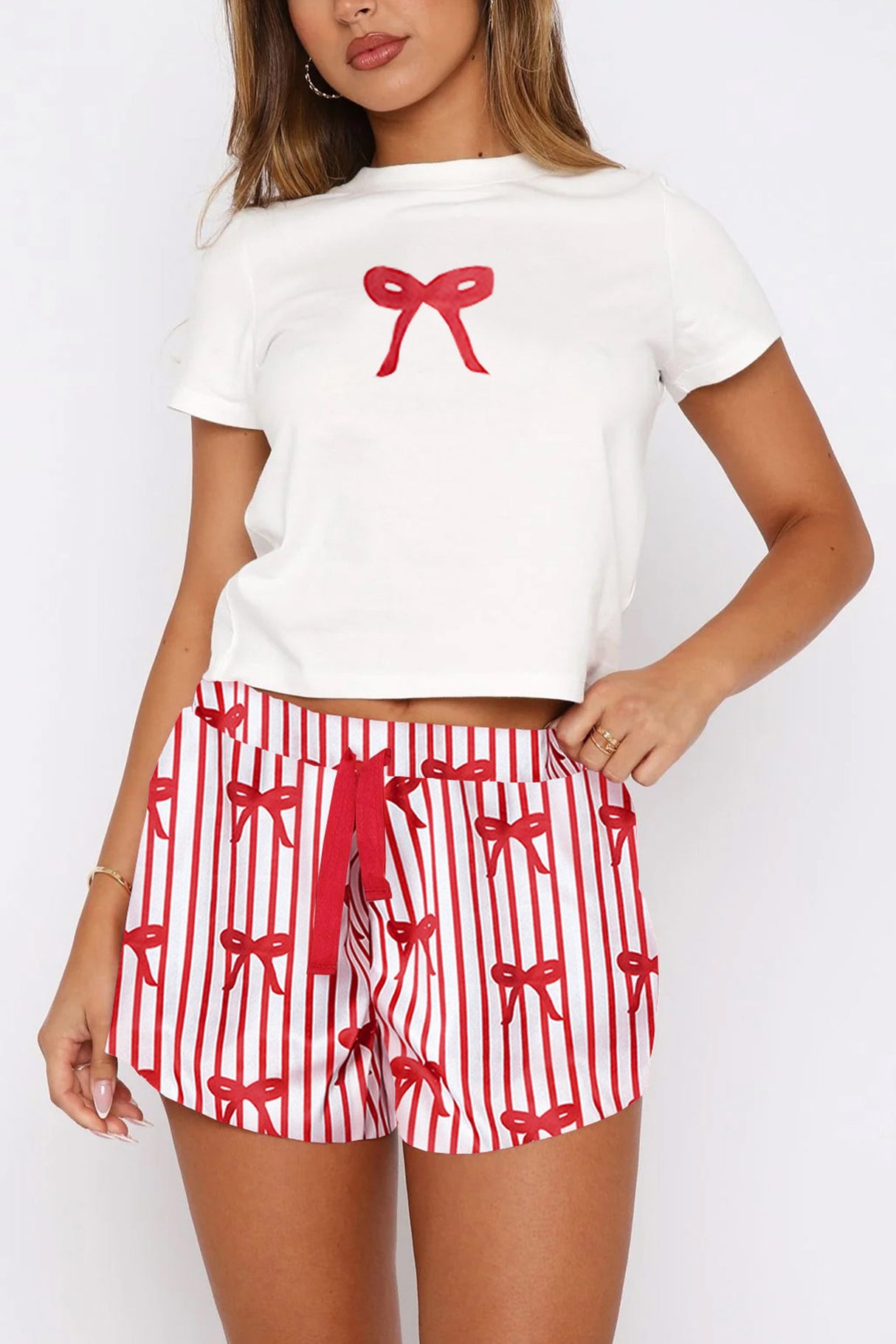 Arolora Printed Crew Neck T-shirt Shorts Set