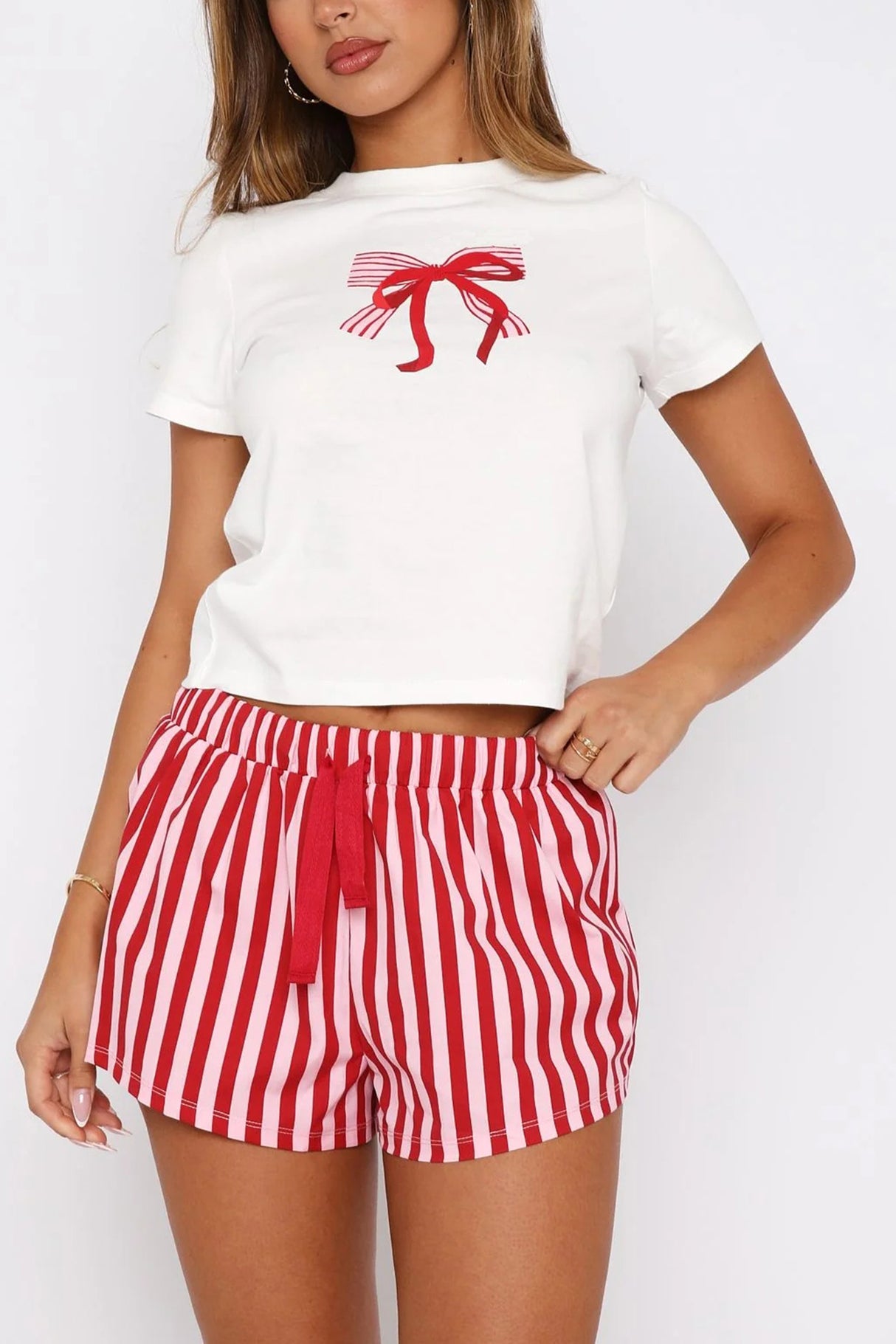 Arolora Printed Crew Neck T-shirt Shorts Set