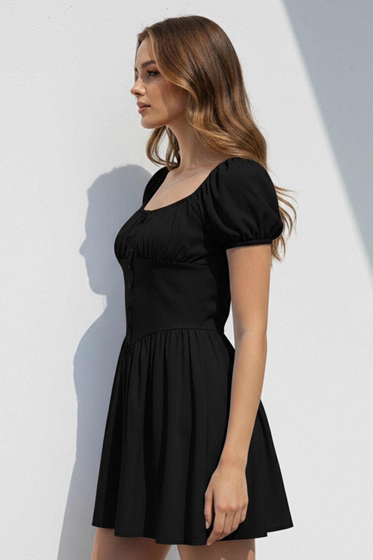 Puff Sleeve Square Neck Ruched Dress