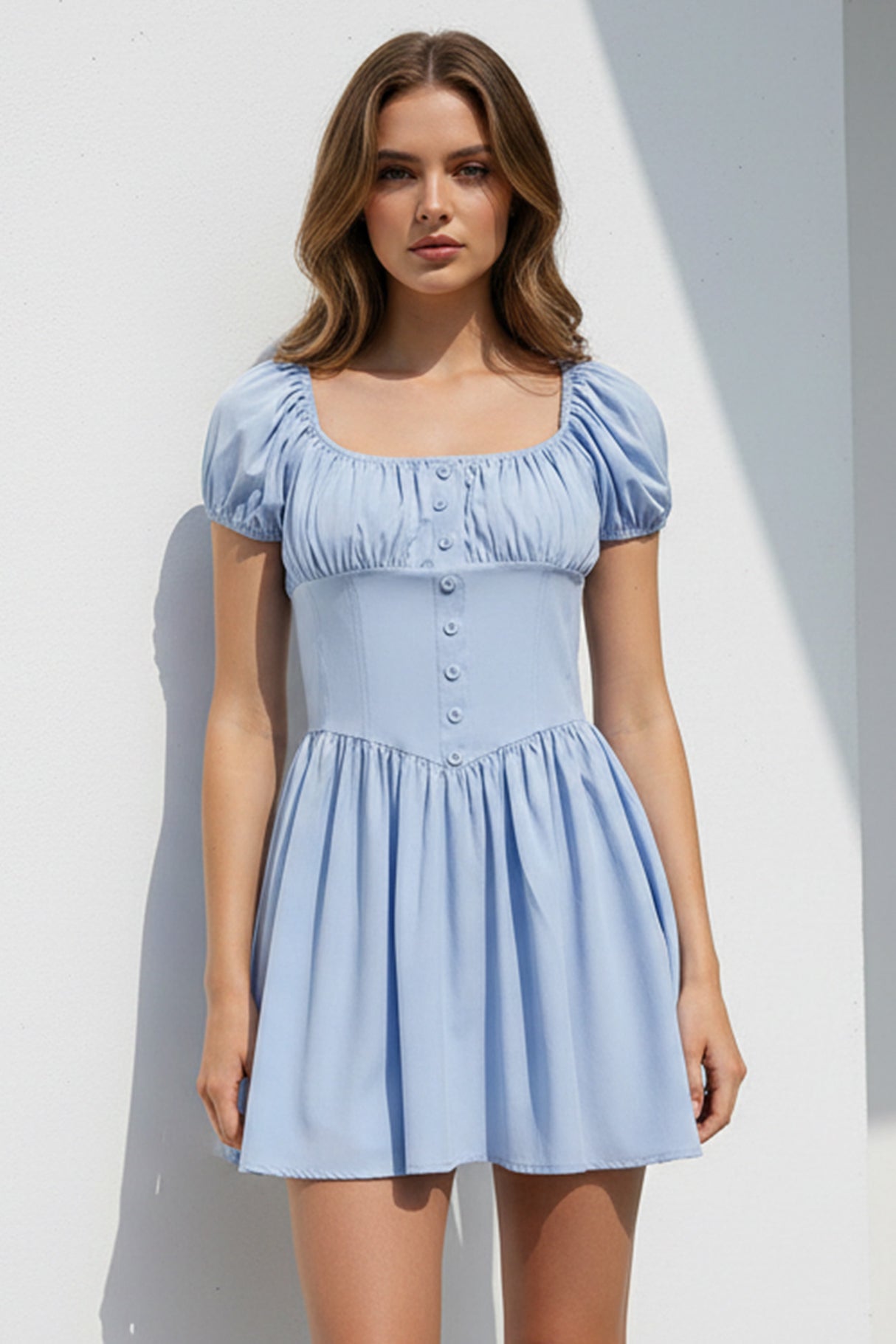 Puff Sleeve Square Neck Ruched Dress