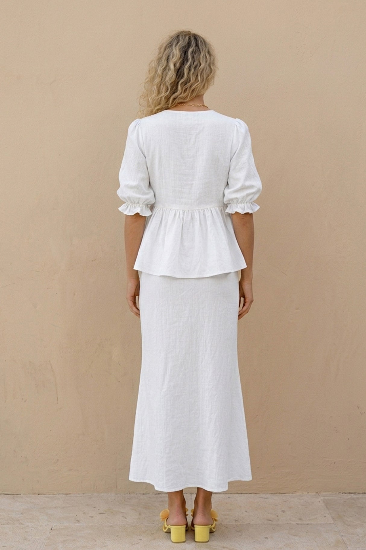 Puff Sleeve Tie-up Ruffle Cotton Shirt Skirt Set