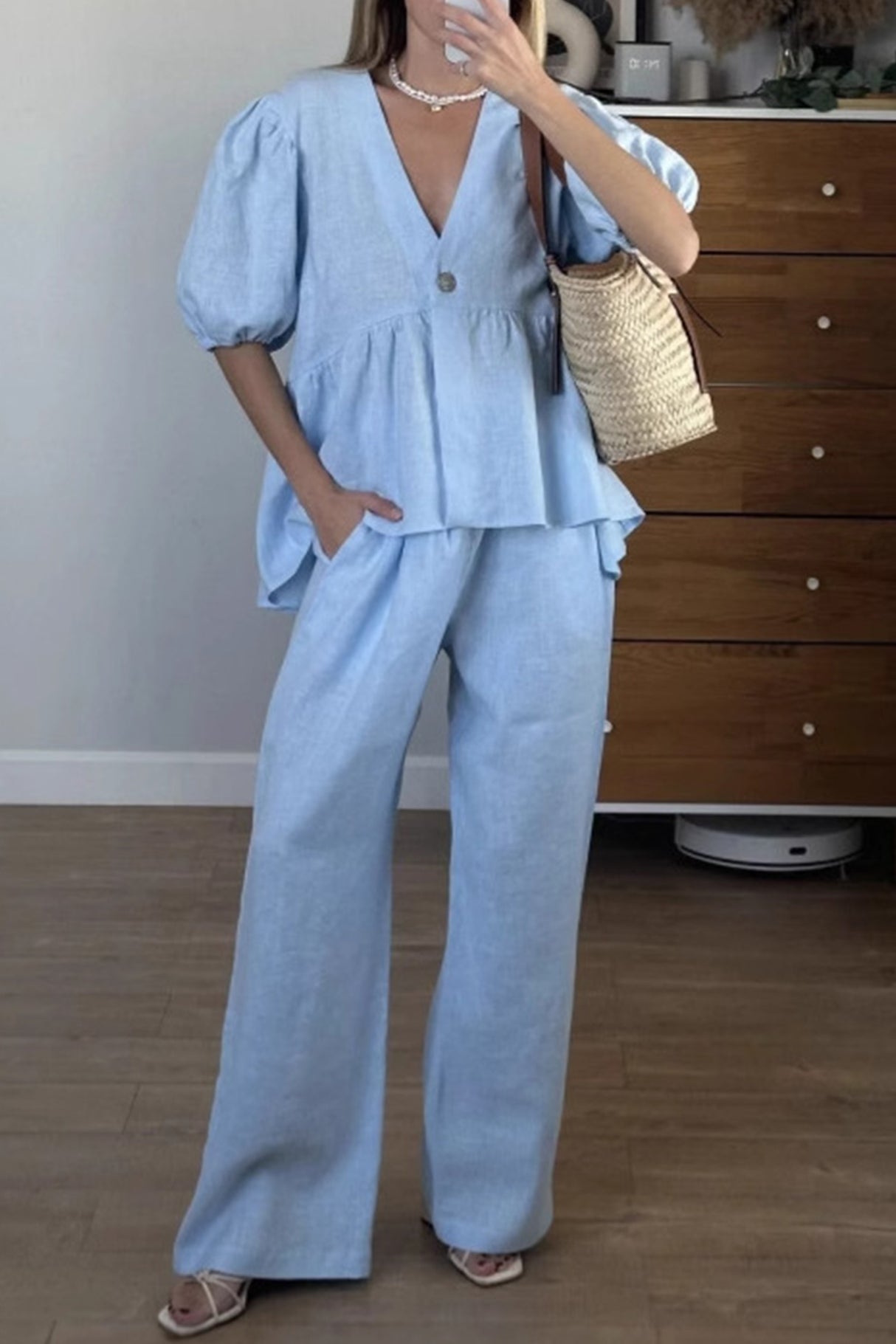 Arolora Puff Sleeve V Neck Cotton Sweet Shirt Set