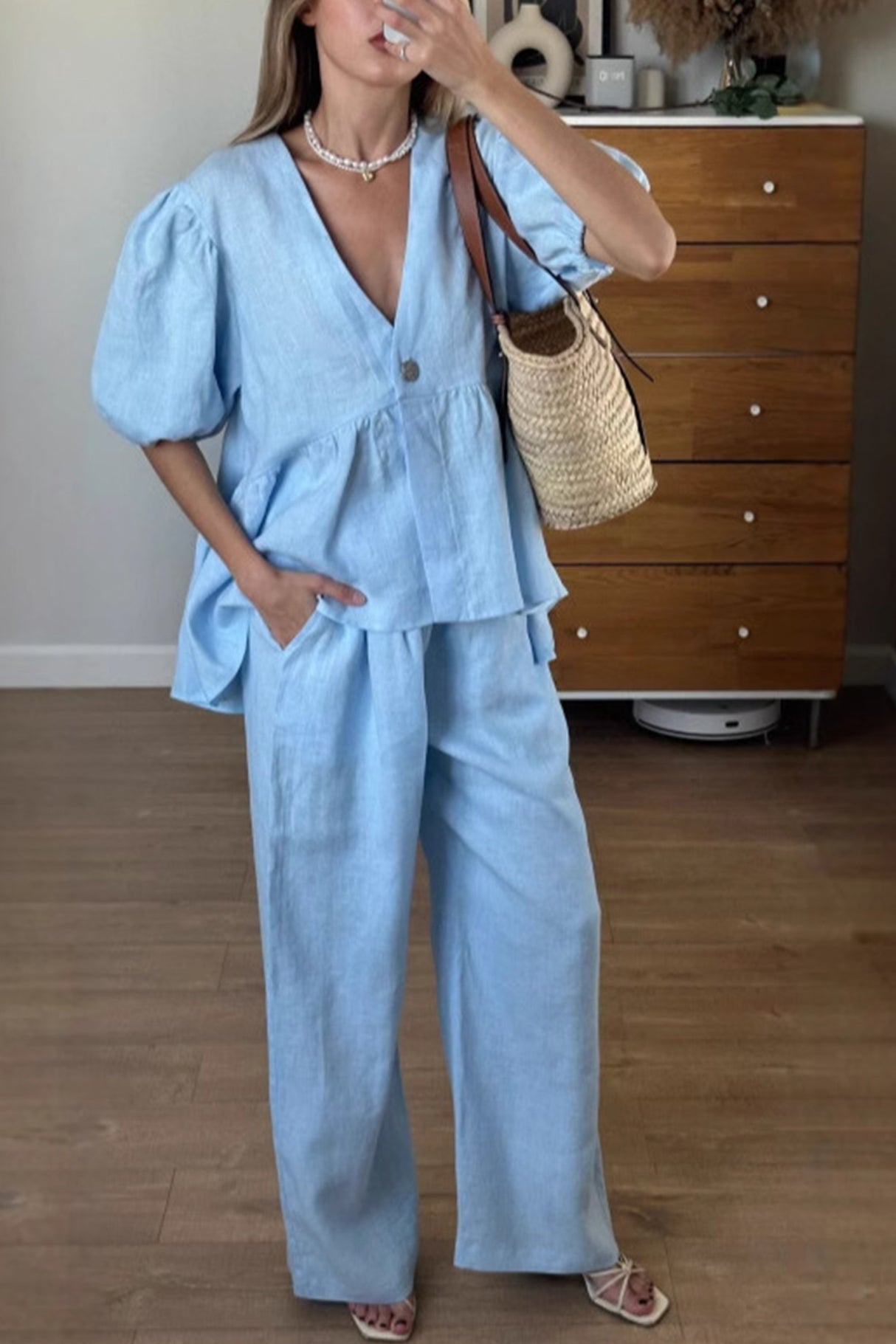 Arolora Puff Sleeve V Neck Cotton Sweet Shirt Set