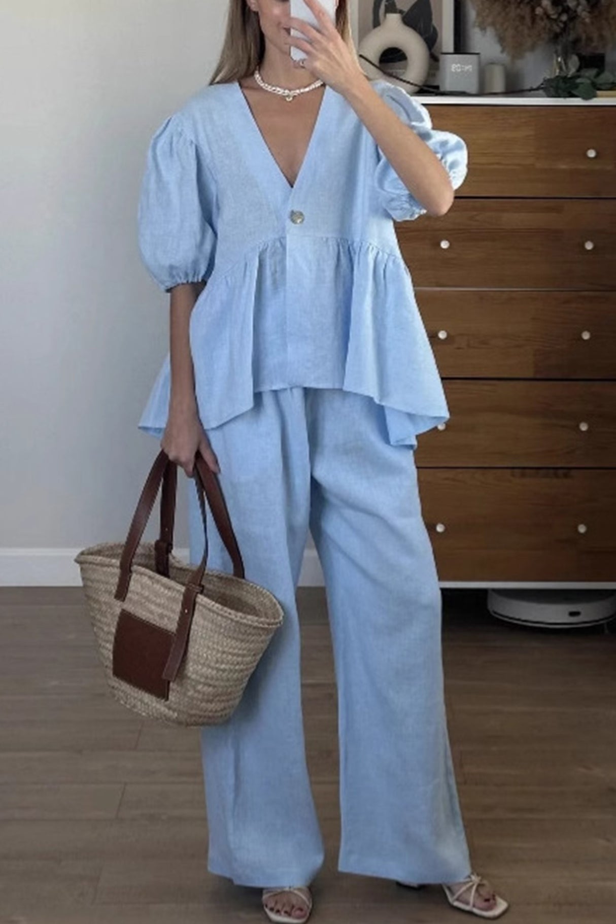 Arolora Puff Sleeve V Neck Cotton Sweet Shirt Set