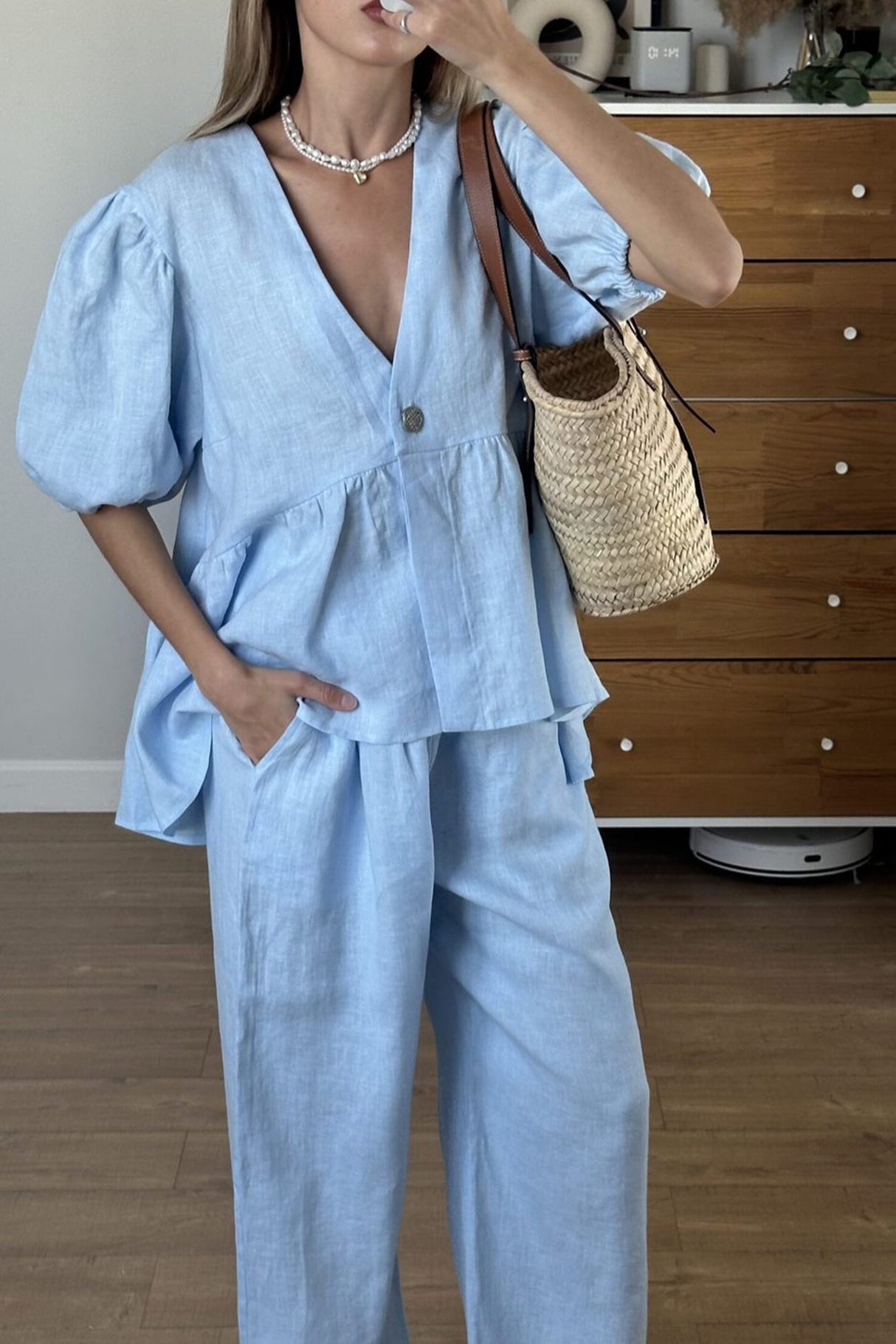 Arolora Puff Sleeve V Neck Cotton Sweet Shirt Set