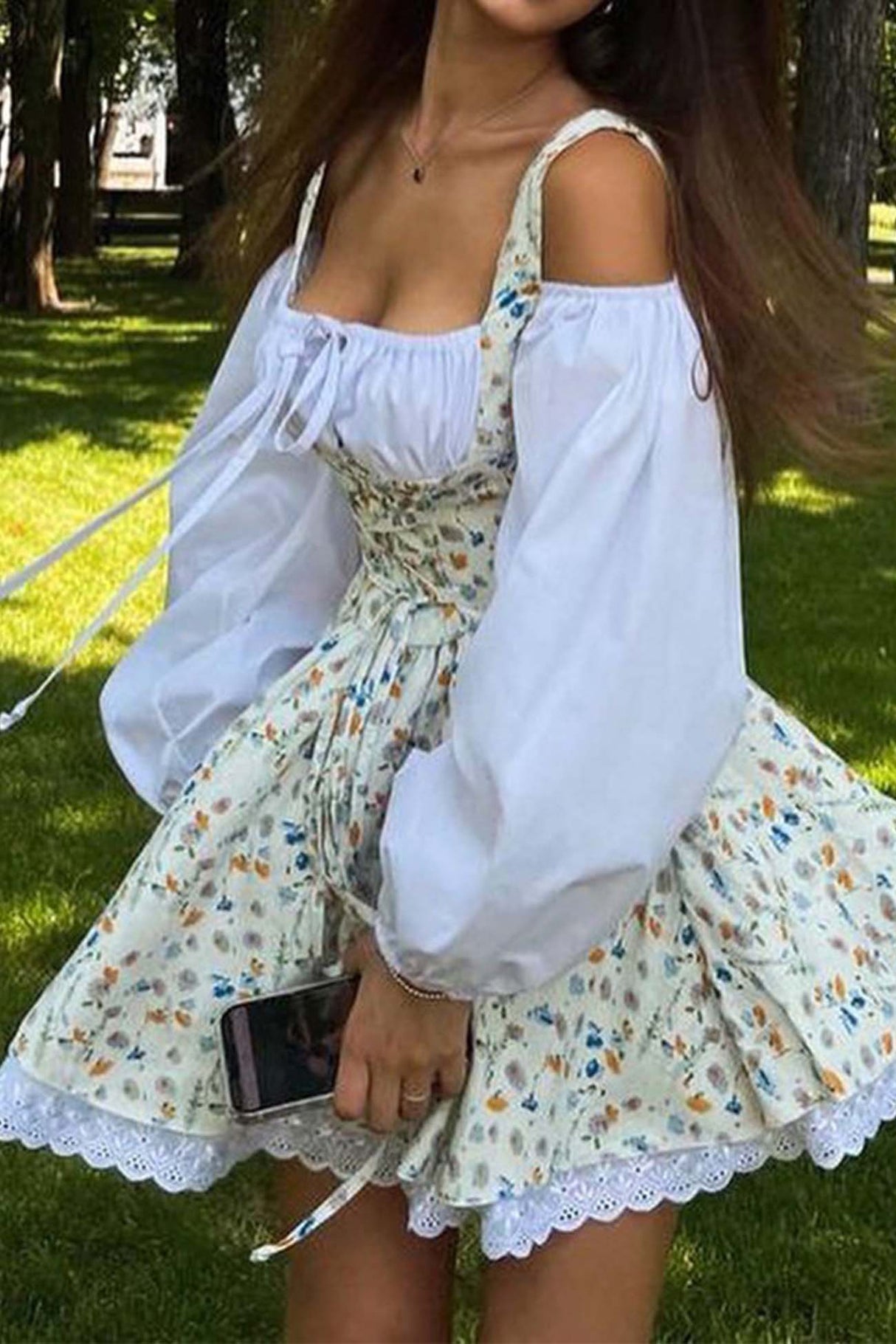 Puff Sleeve Floral Suspender Dress