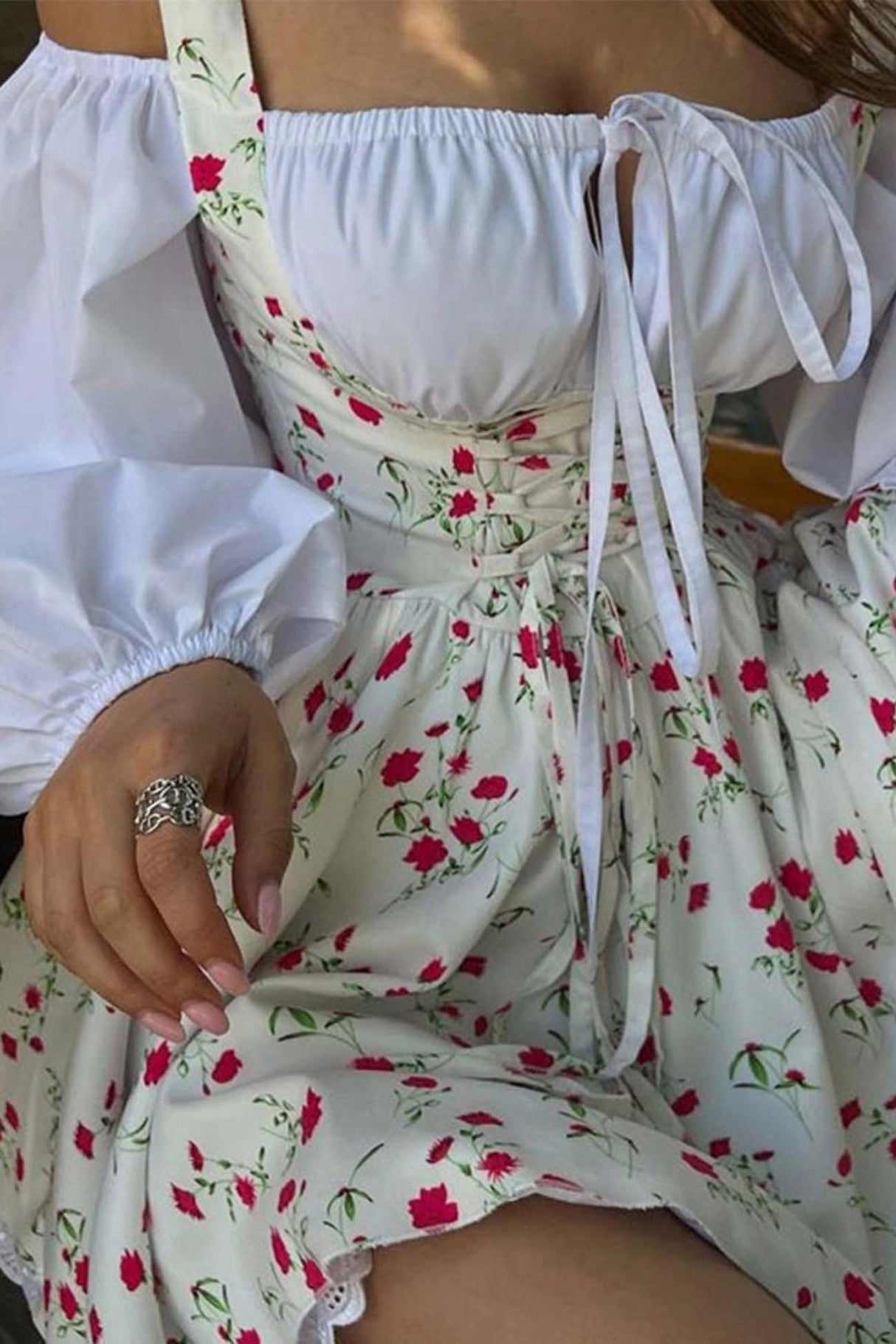 Puff Sleeve Floral Suspender Dress