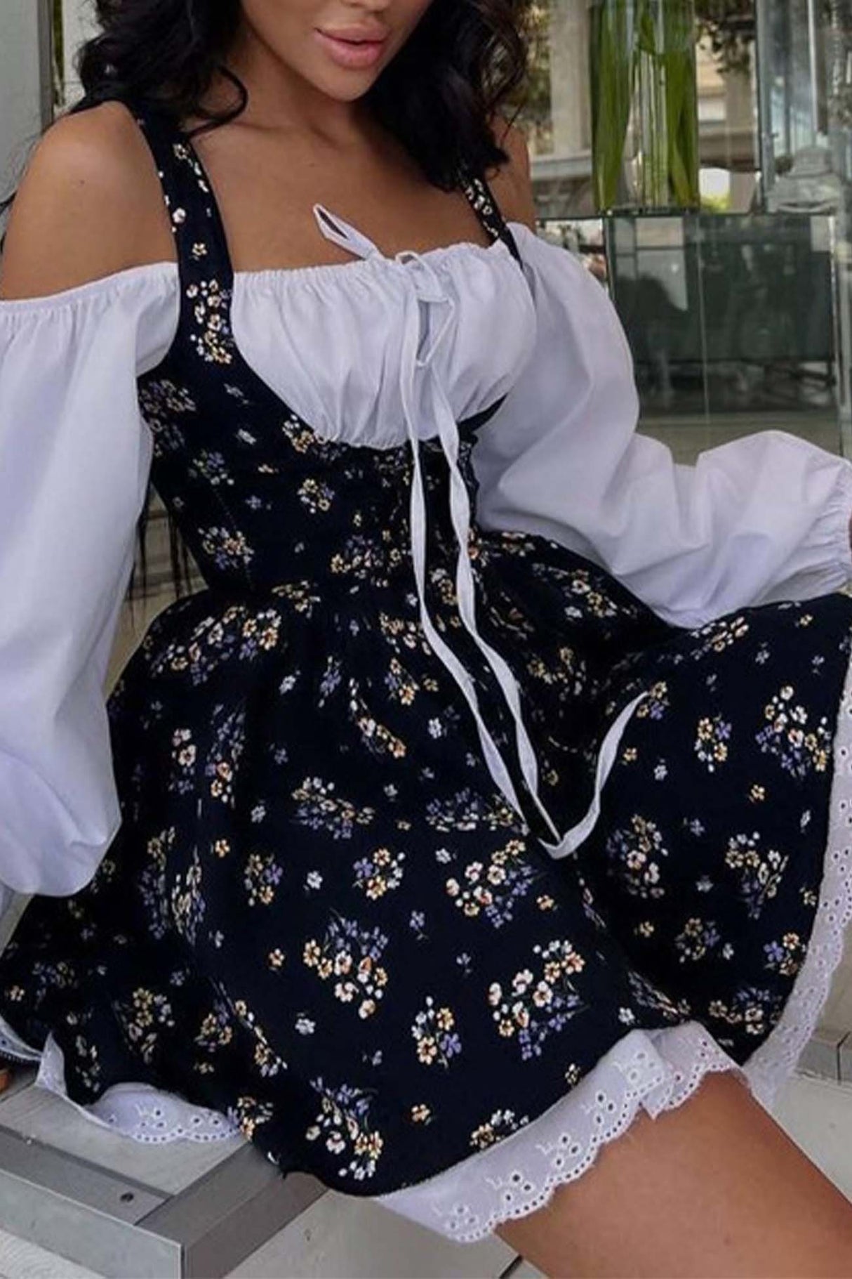 Puff Sleeve Floral Suspender Dress