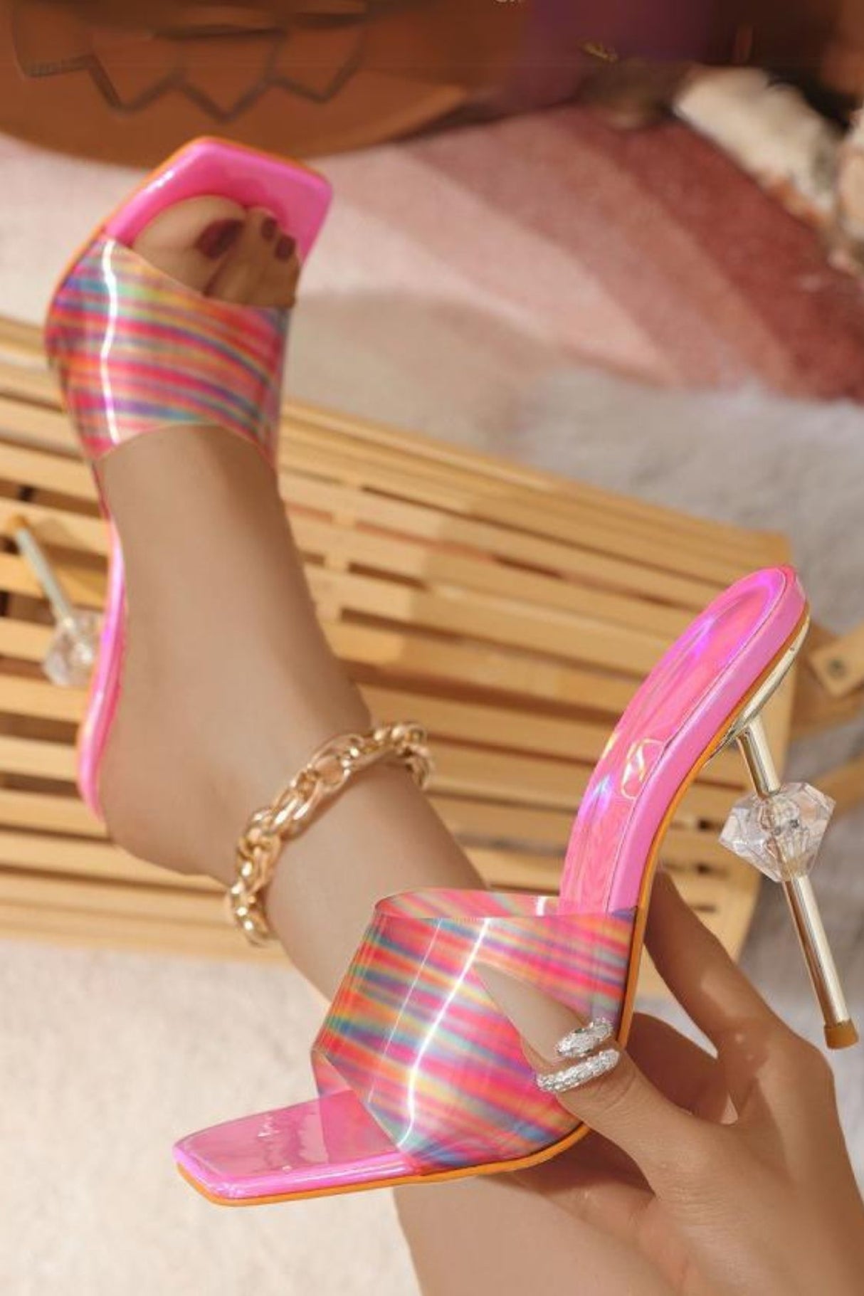 Rainbow Printed Heart High Heel Sandals