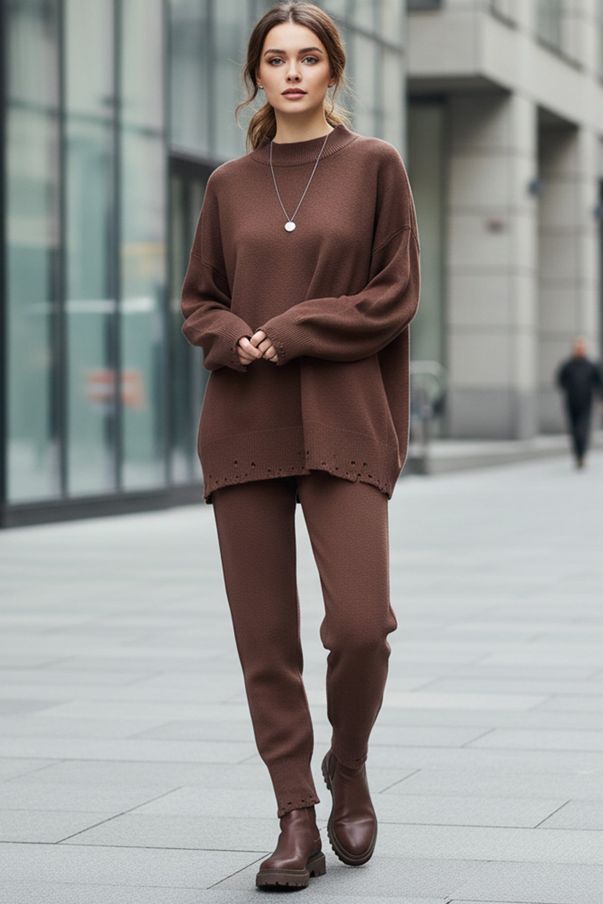 Raw Edge Crew Neck Sweater Set