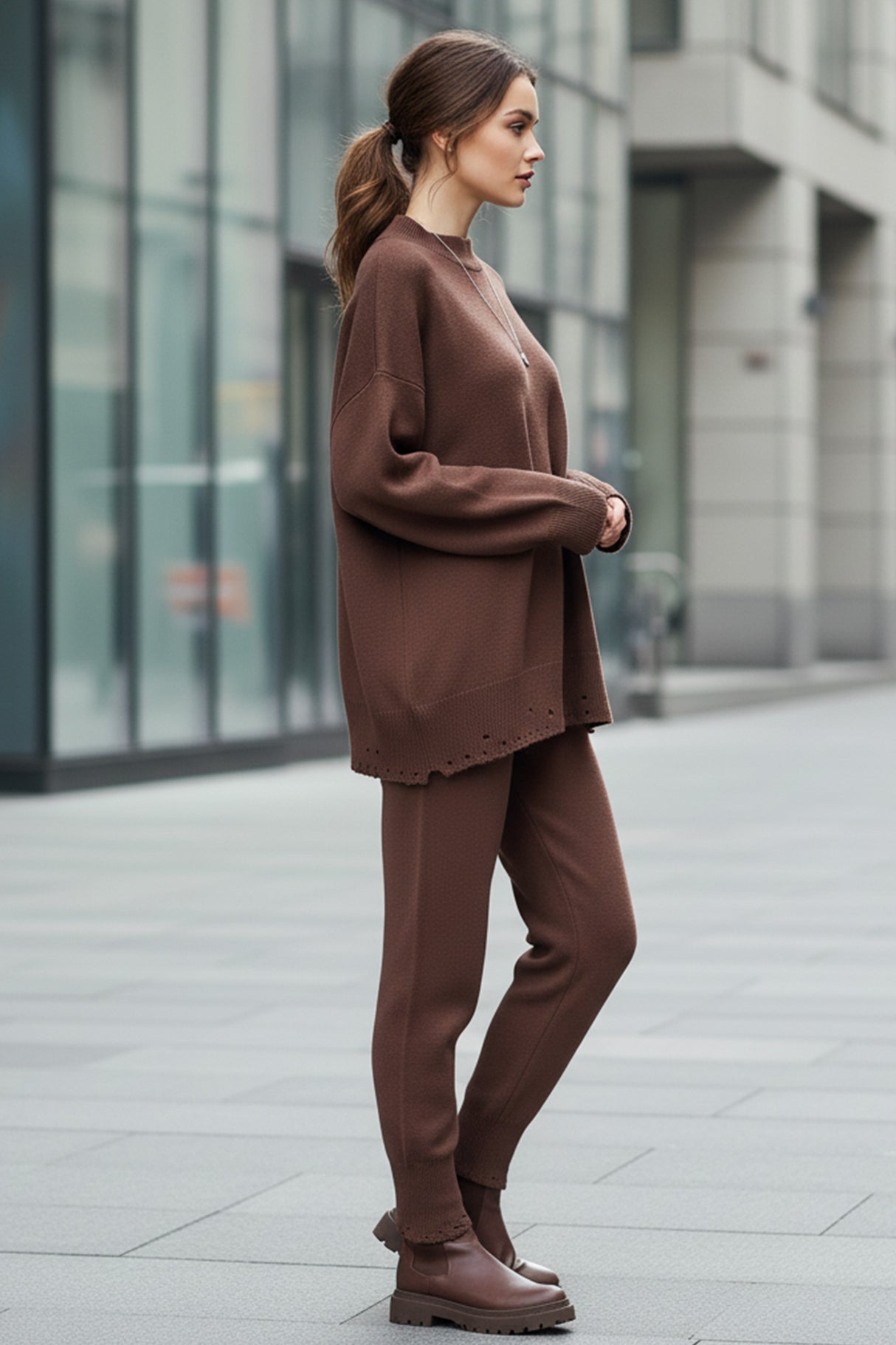 Raw Edge Crew Neck Sweater Set