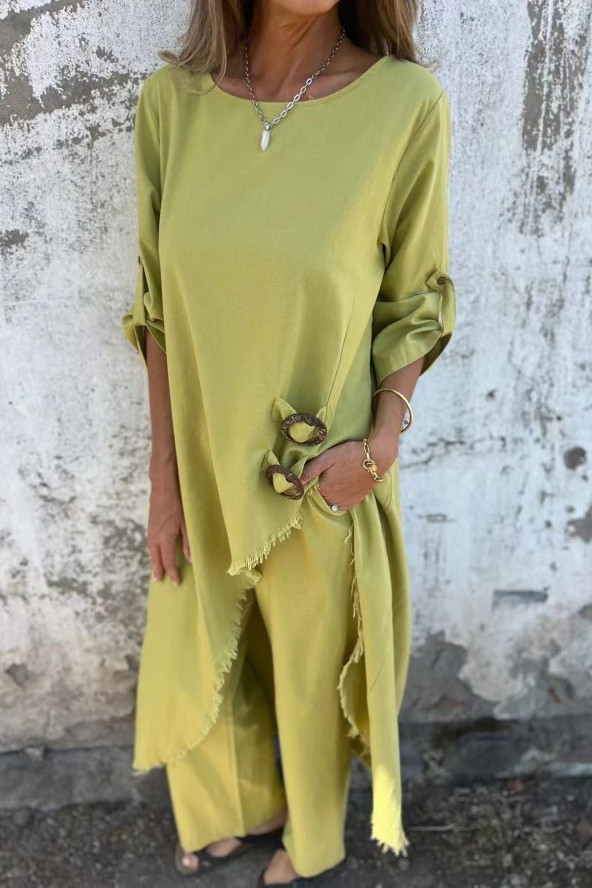 Arolora Raw Edge Long Tops Two-piece Pants Set