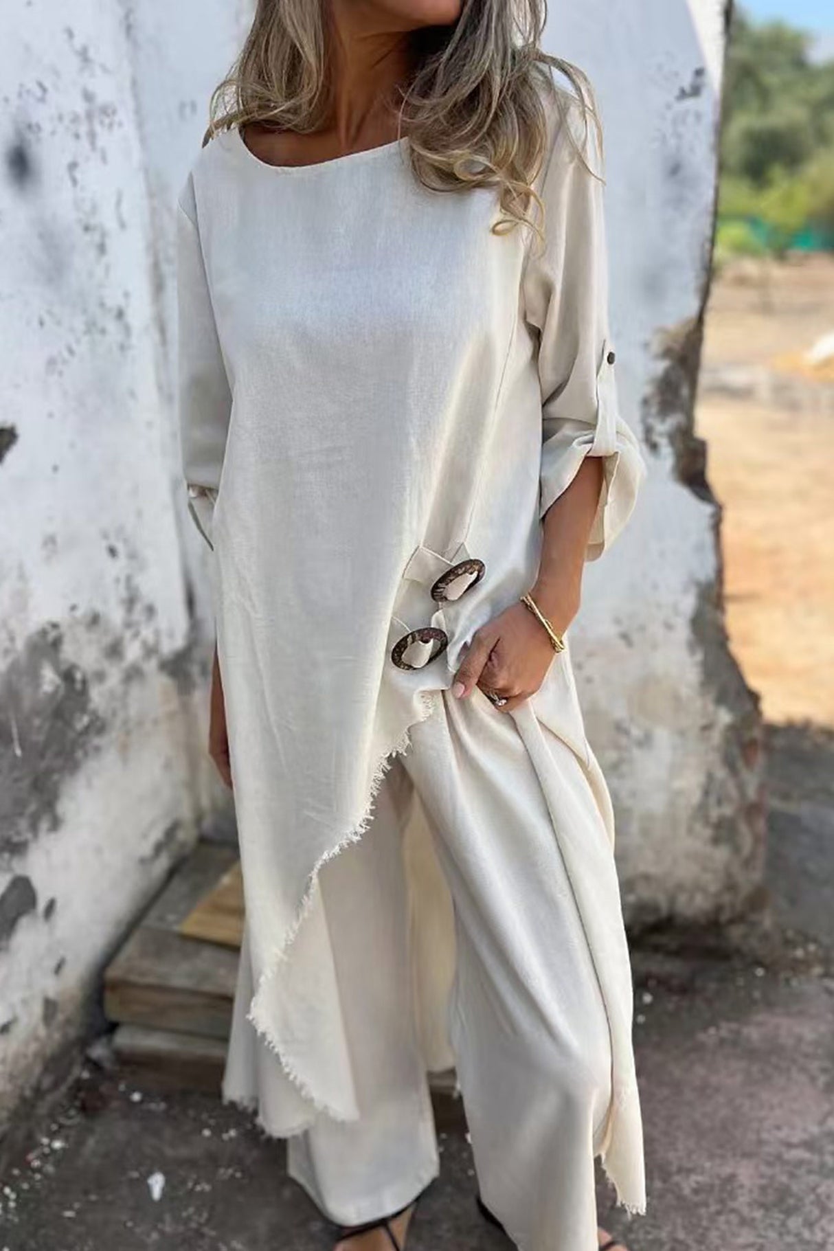 Arolora Raw Edge Long Tops Two-piece Pants Set