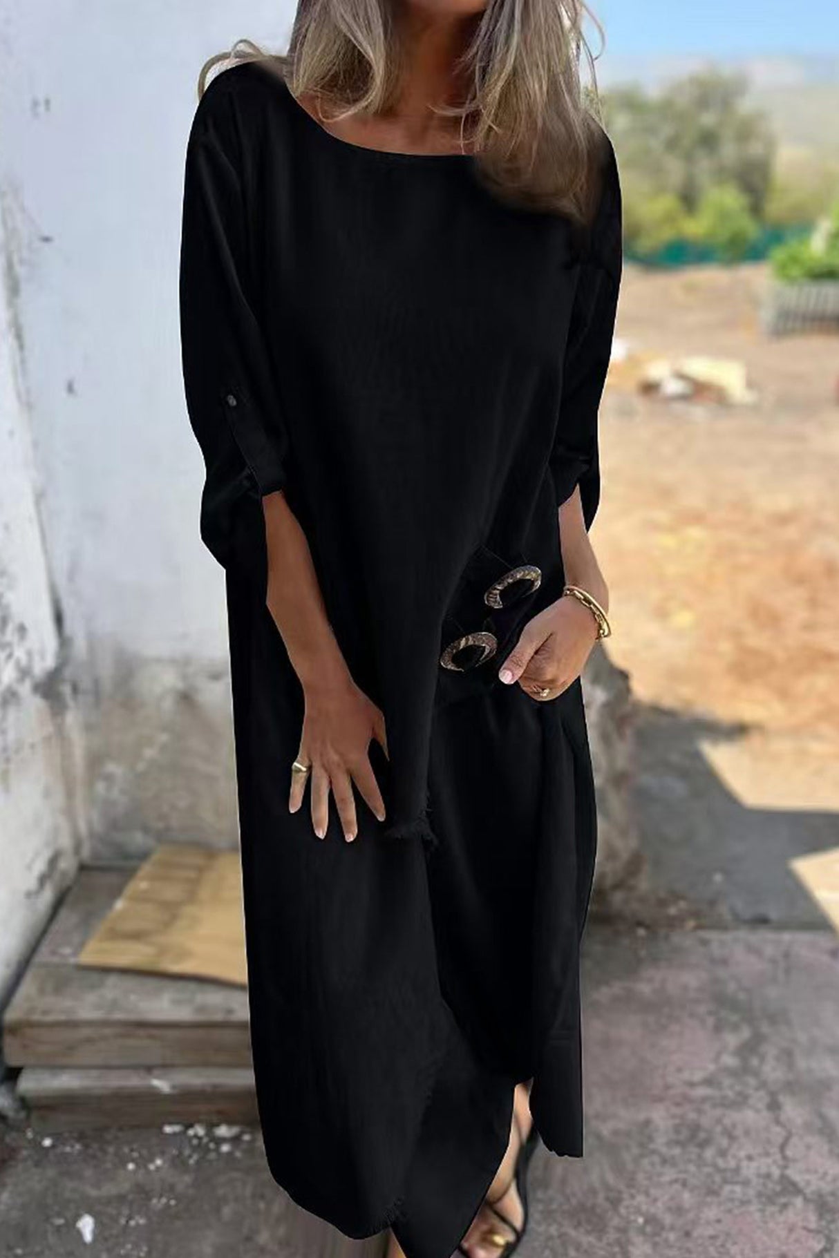 Arolora Raw Edge Long Tops Two-piece Pants Set