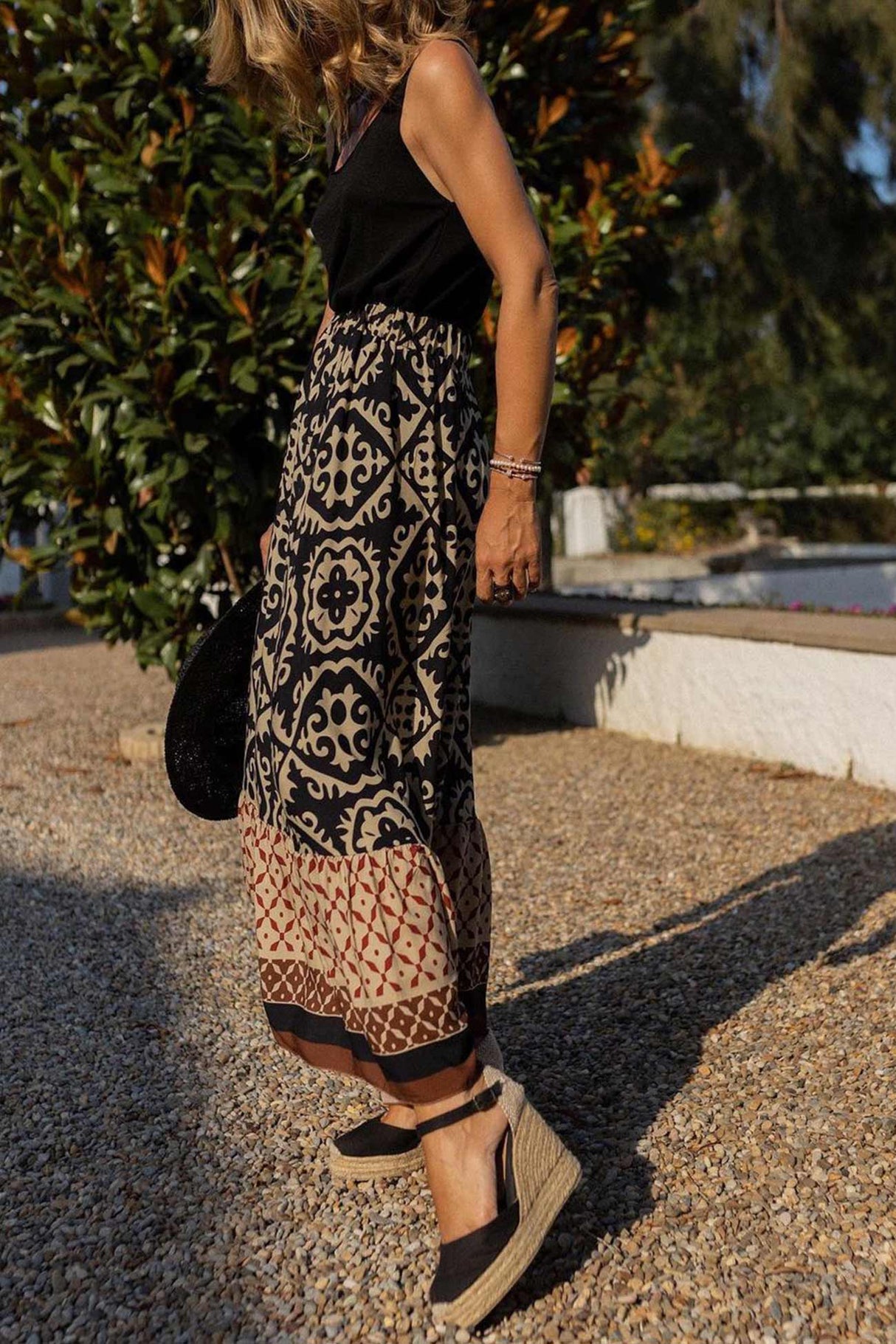 Retro Print Ruched Midi Skirt