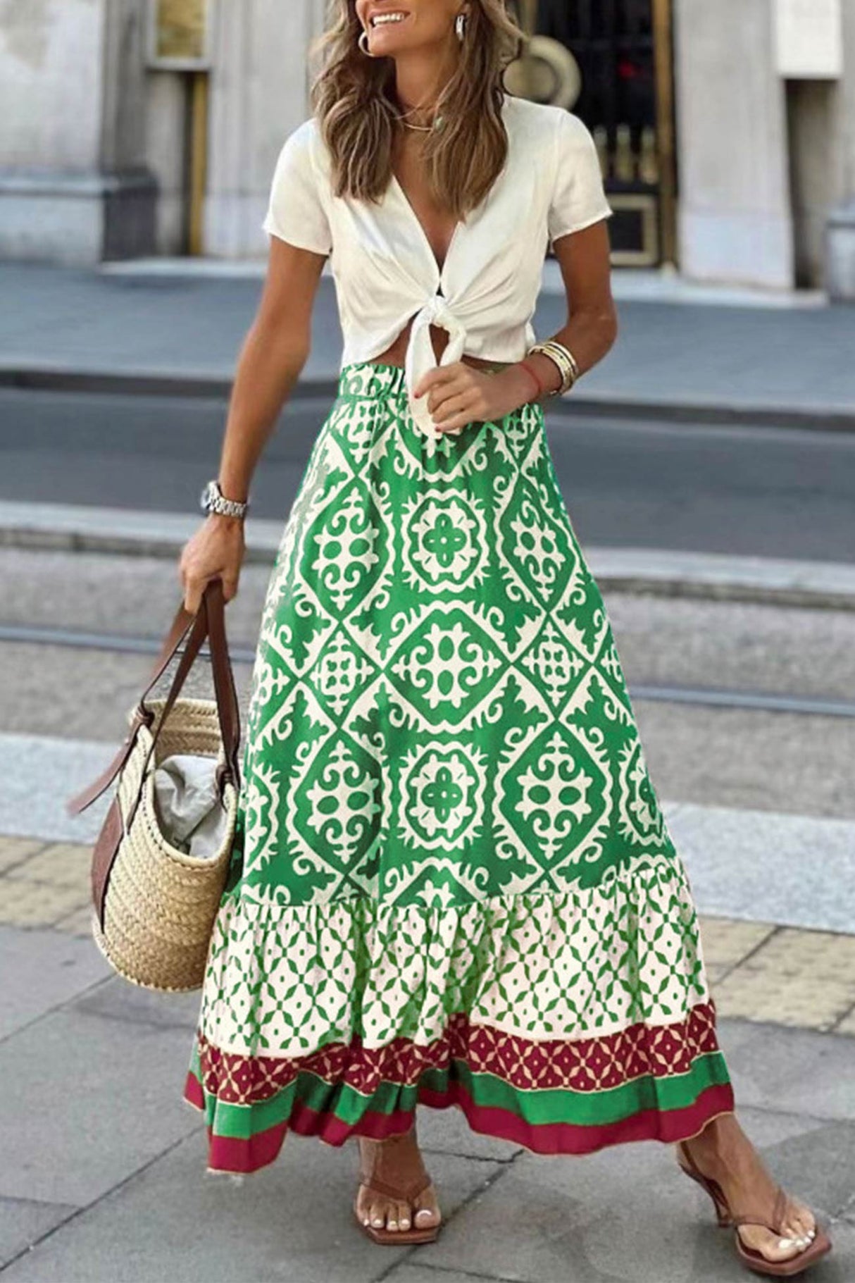Retro Print Ruched Midi Skirt