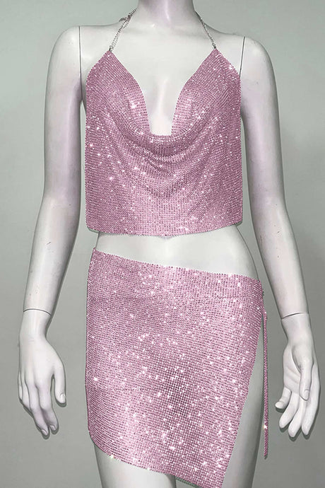 Rhinestone Cowl Neck Halter Crop Top Slit Skirt Suits