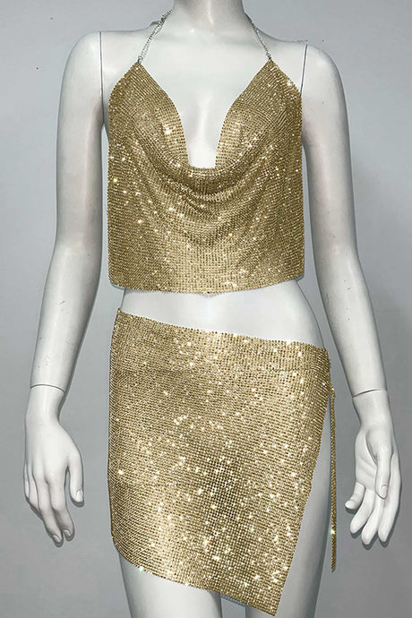 Rhinestone Cowl Neck Halter Crop Top Slit Skirt Suits