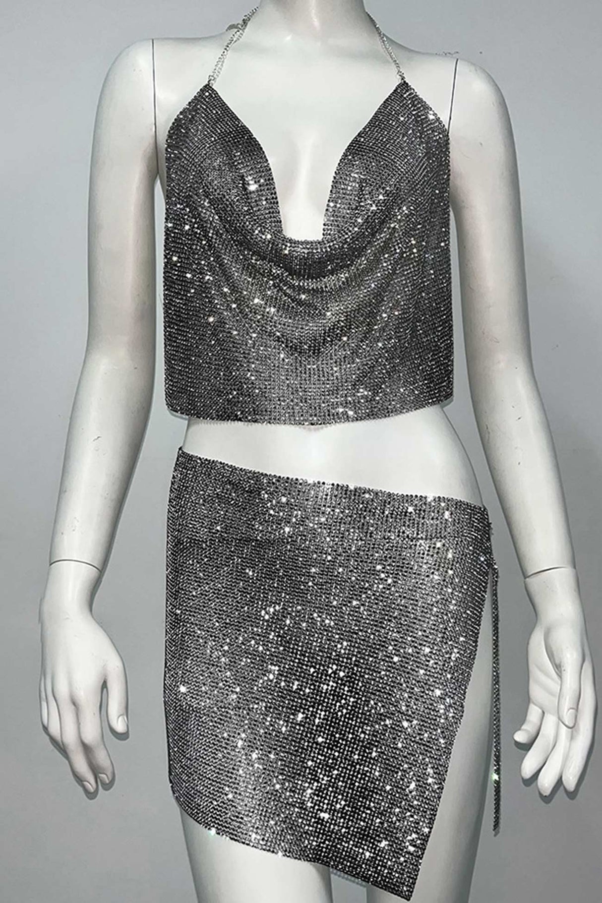 Rhinestone Cowl Neck Halter Crop Top Slit Skirt Suits