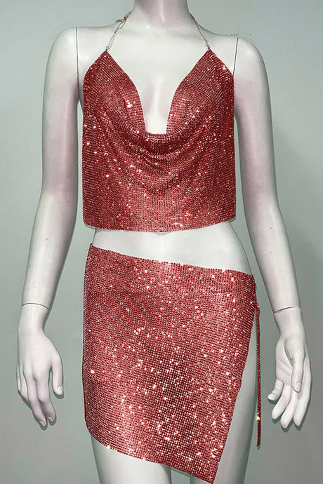 Rhinestone Cowl Neck Halter Crop Top Slit Skirt Suits