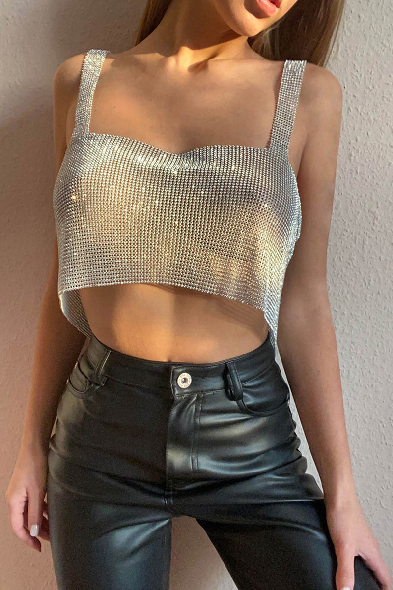 Sparkly Rhinestone Square Neck Crop Metal Tank Top - Silver