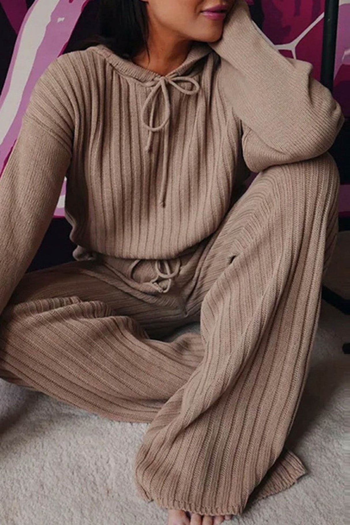 Ribbed Drawstring Hoodie Long Pants Set