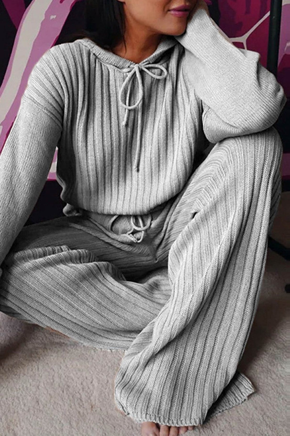 Ribbed Drawstring Hoodie Long Pants Set