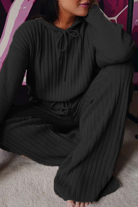 Ribbed Drawstring Hoodie Long Pants Set