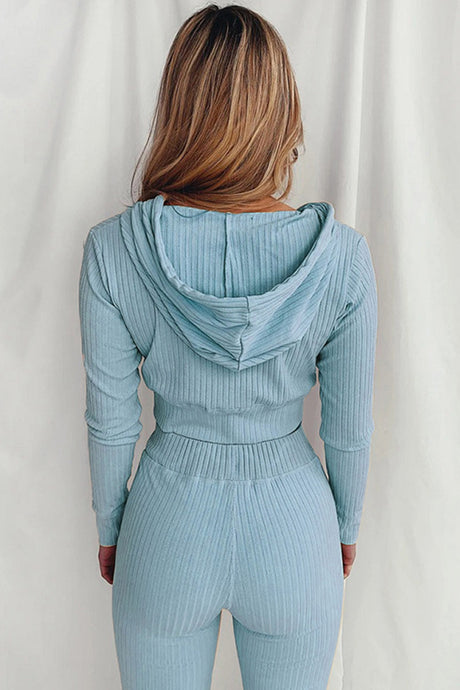 Ribbed Knit Hoodie Long Pants Suits
