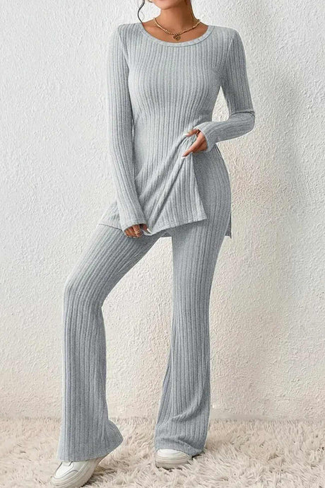 Ribbed Knit Slit Hem Tops Flares Long Pants Set