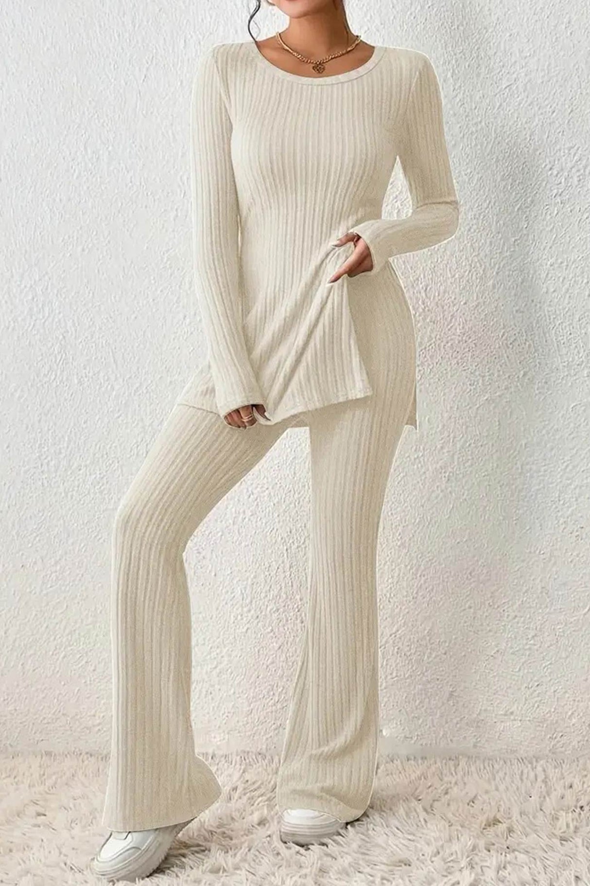 Ribbed Knit Slit Hem Tops Flares Long Pants Set