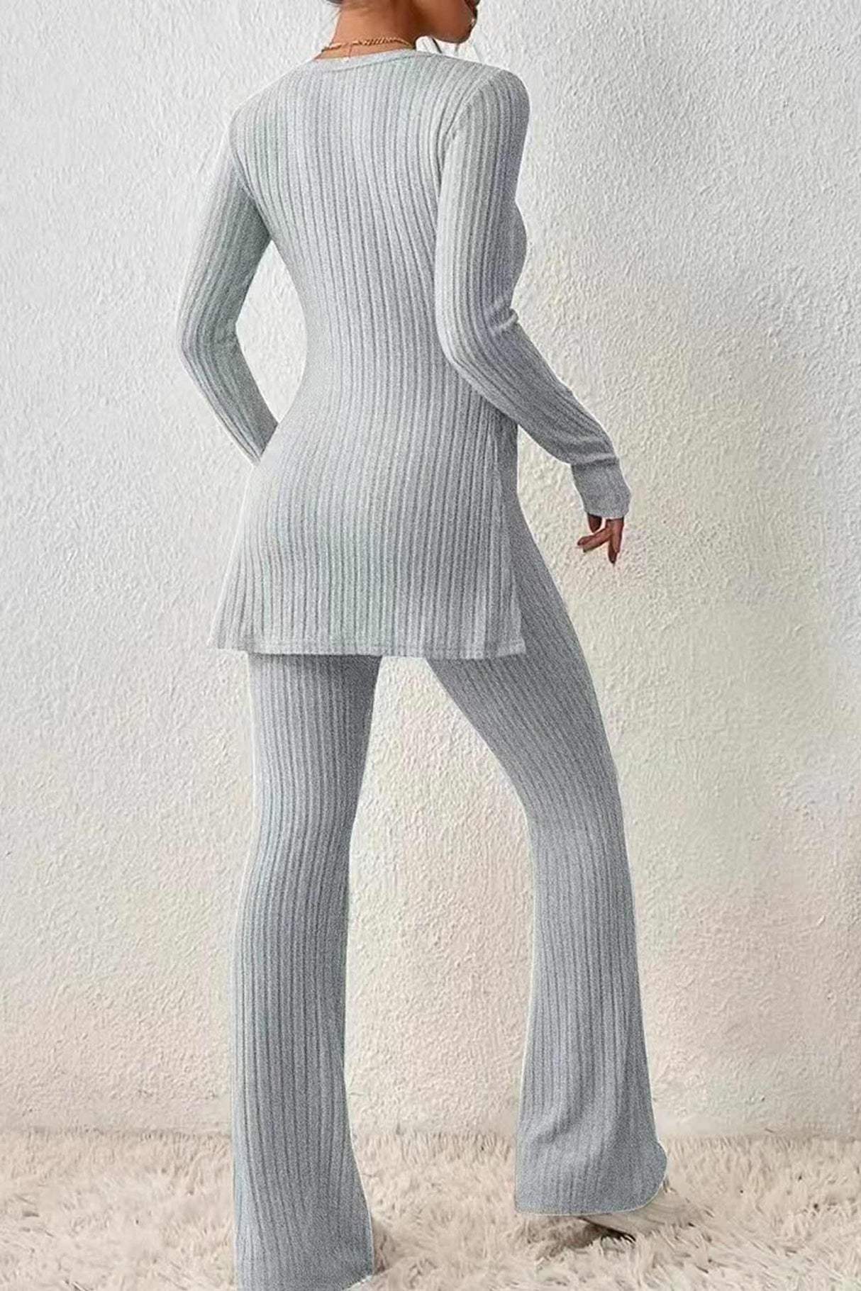 Ribbed Knit Slit Hem Tops Flares Long Pants Set