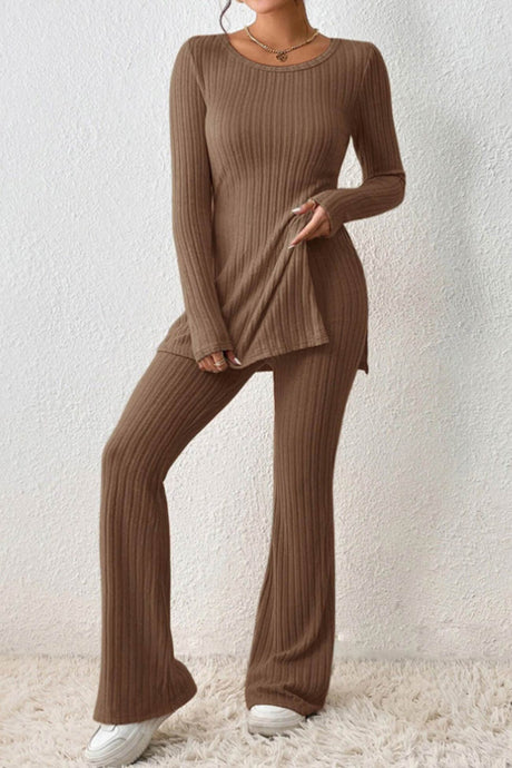 Ribbed Knit Slit Hem Tops Flares Long Pants Set