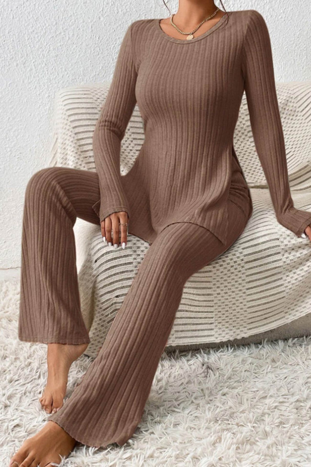 Ribbed Knit Slit Hem Tops Flares Long Pants Set