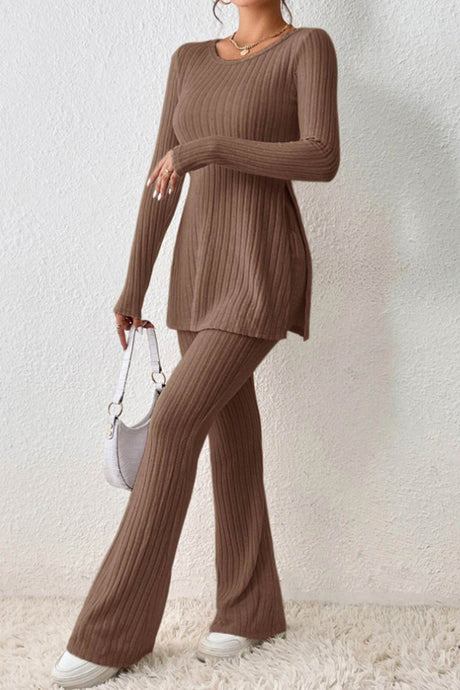 Ribbed Knit Slit Hem Tops Flares Long Pants Set