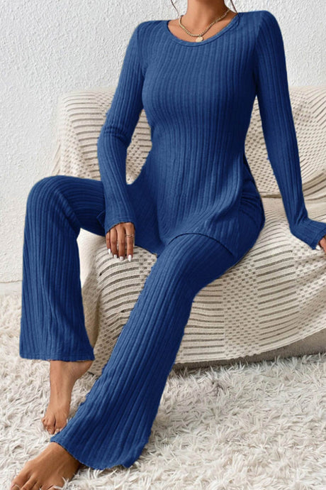 Ribbed Knit Slit Hem Tops Flares Long Pants Set