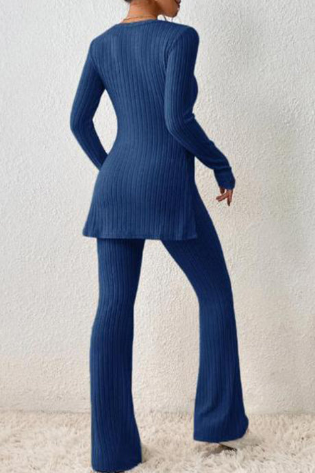 Ribbed Knit Slit Hem Tops Flares Long Pants Set