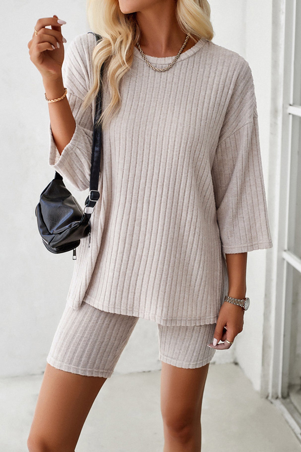 Ribbed Knit T-shirt Shorts Suits