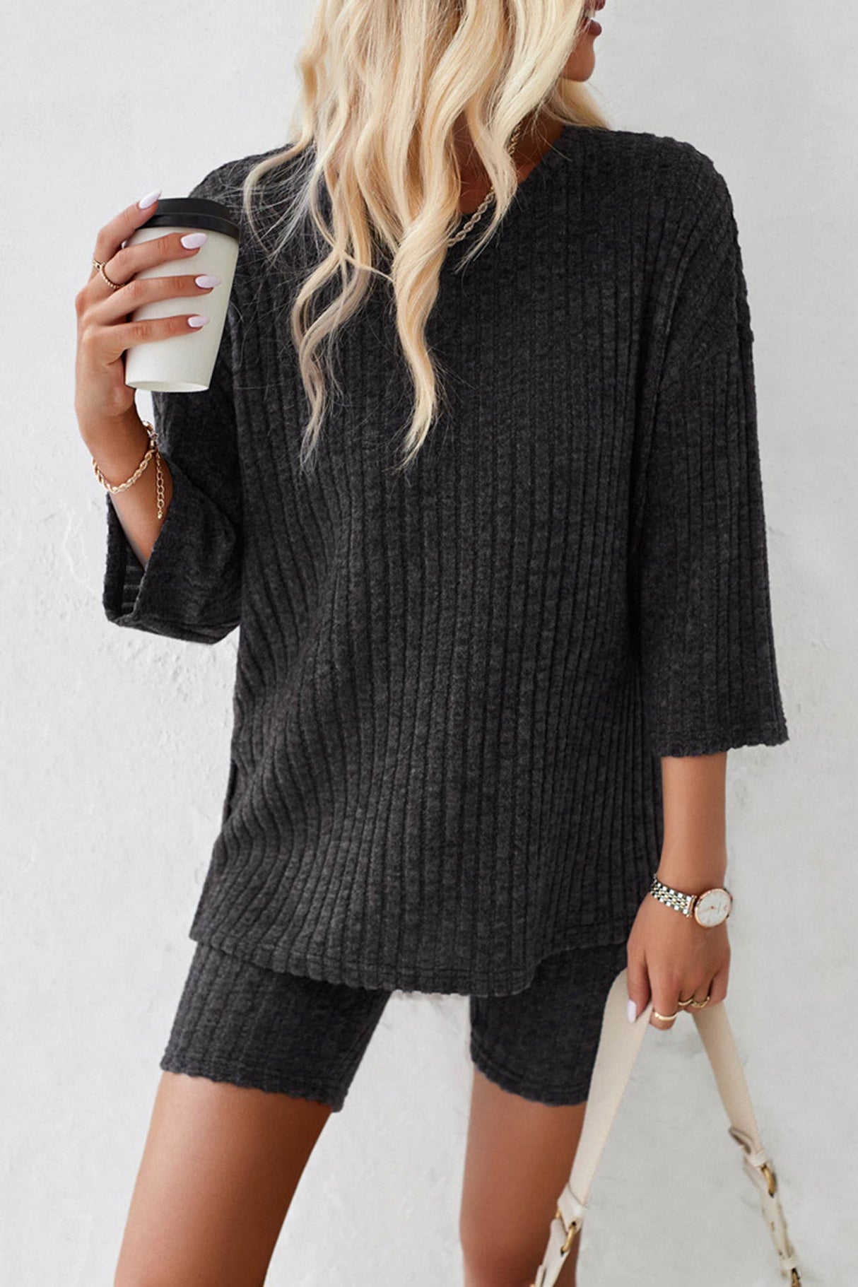 Ribbed Knit T-shirt Shorts Suits