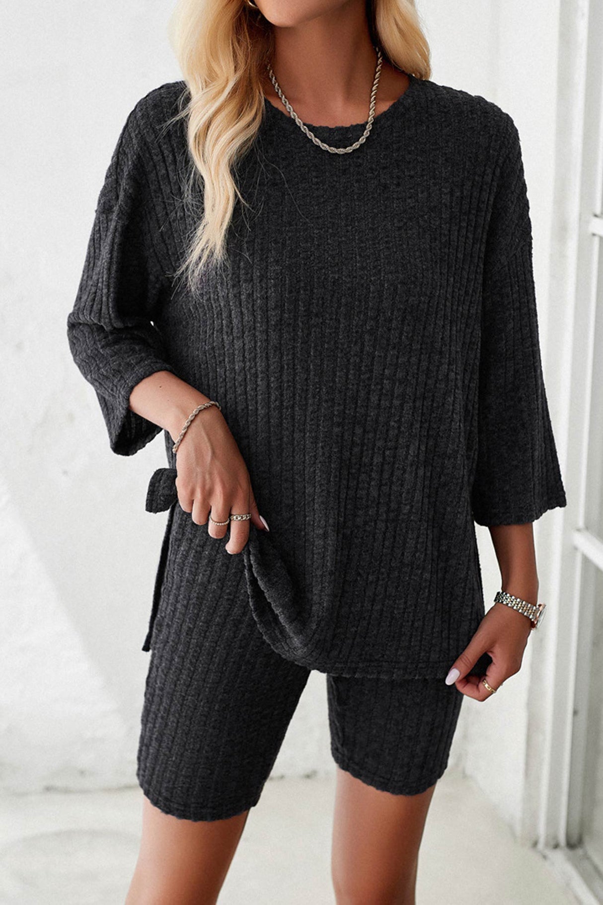 Ribbed Knit T-shirt Shorts Suits