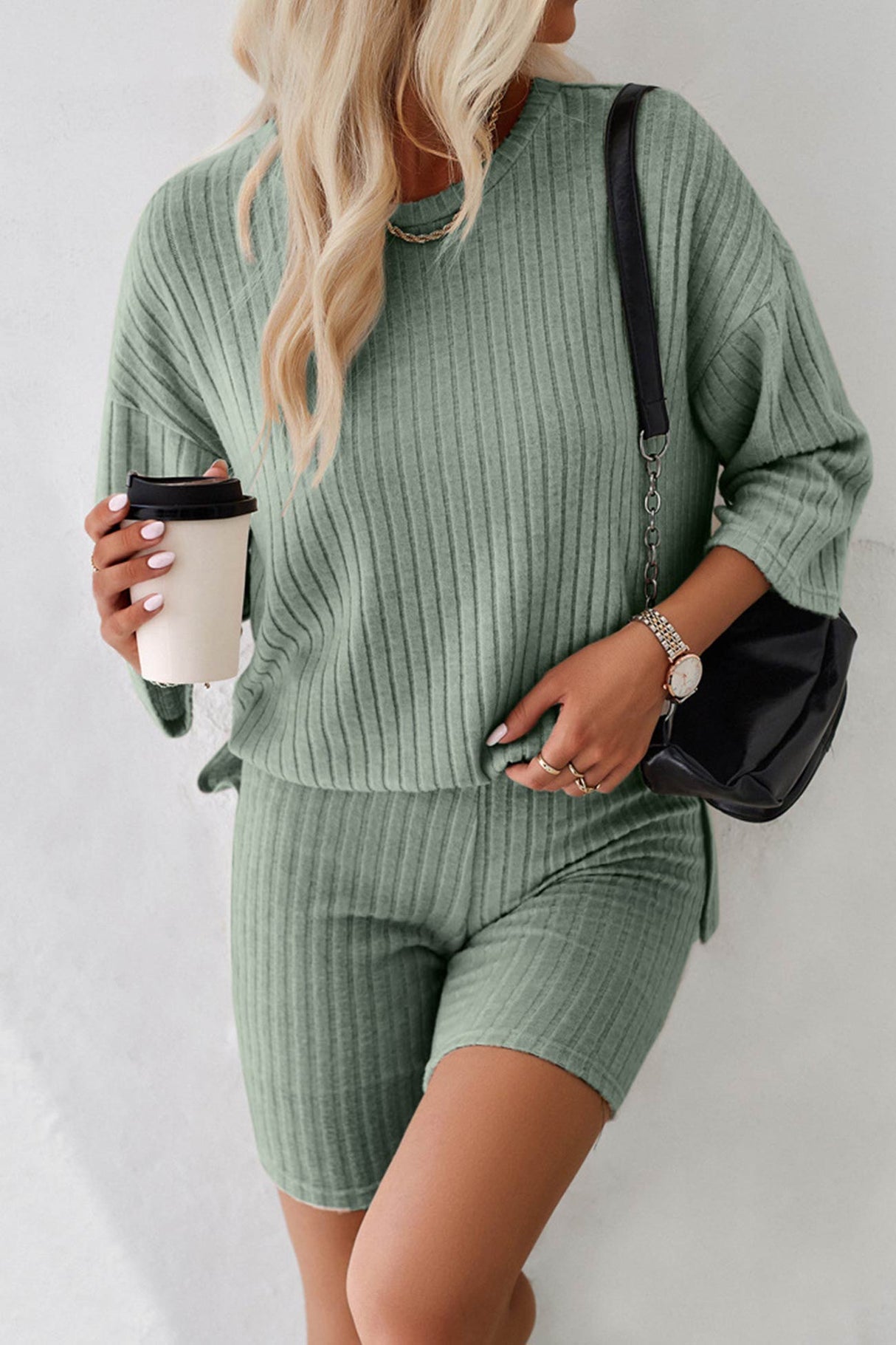 Ribbed Knit T-shirt Shorts Suits
