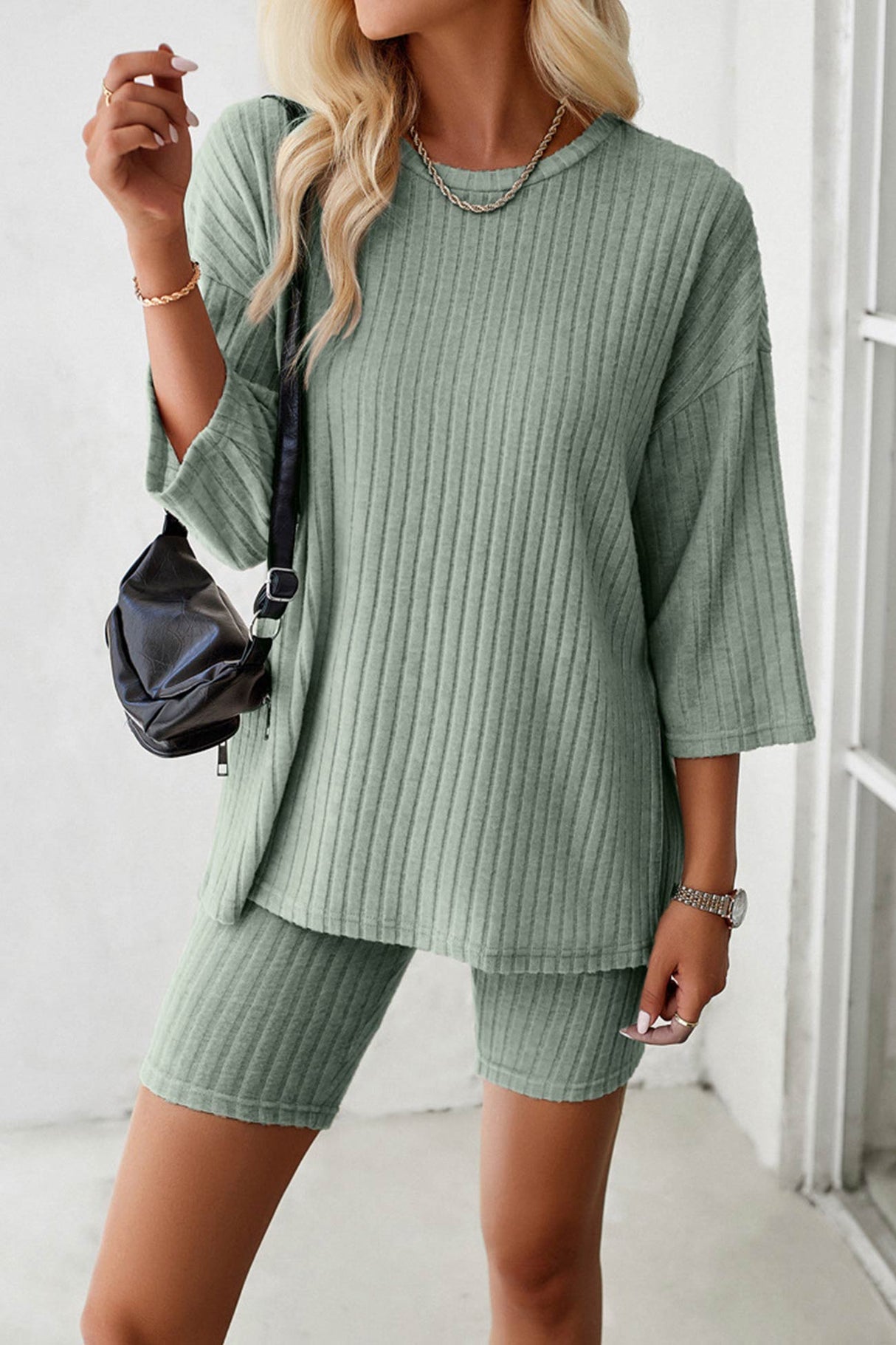Ribbed Knit T-shirt Shorts Suits