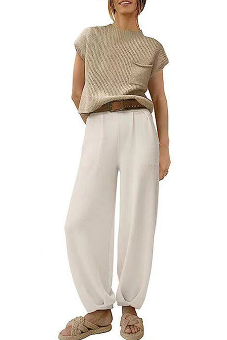 Ribbed Mock Neck T-shirt Pants Suits