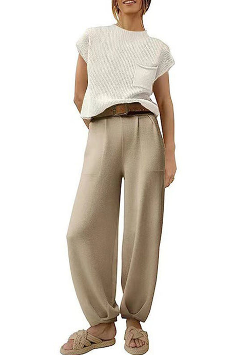 Ribbed Mock Neck T-shirt Pants Suits