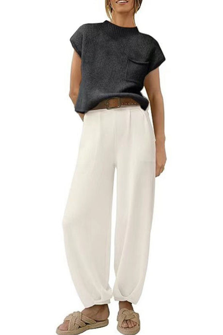 Ribbed Mock Neck T-shirt Pants Suits